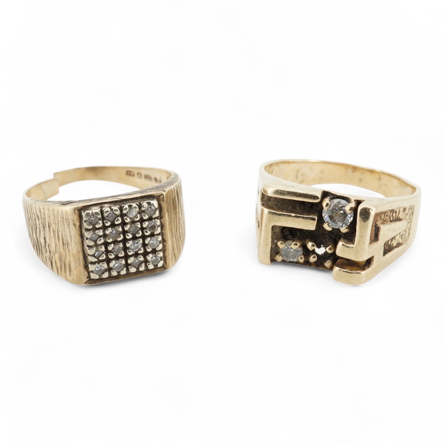 A 10k and two stone diamond set ring, size R/S, together with a damaged 9k and diamond cluster set signet ring, gross weight 13.5 grams.